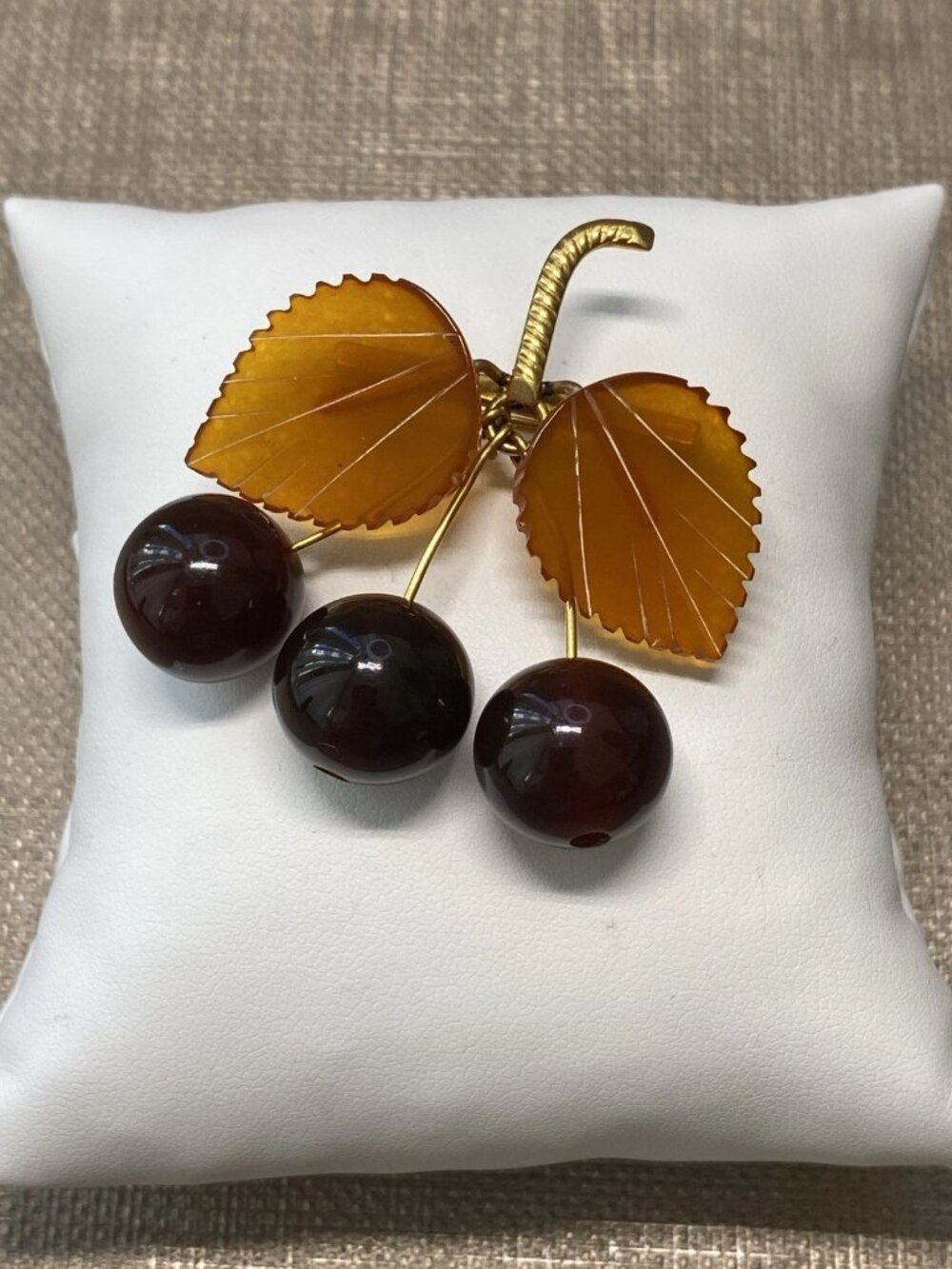 Vintage Soviet Baltic Amber Cherry Brooch Gold Plated USSR Pin UV Reactive